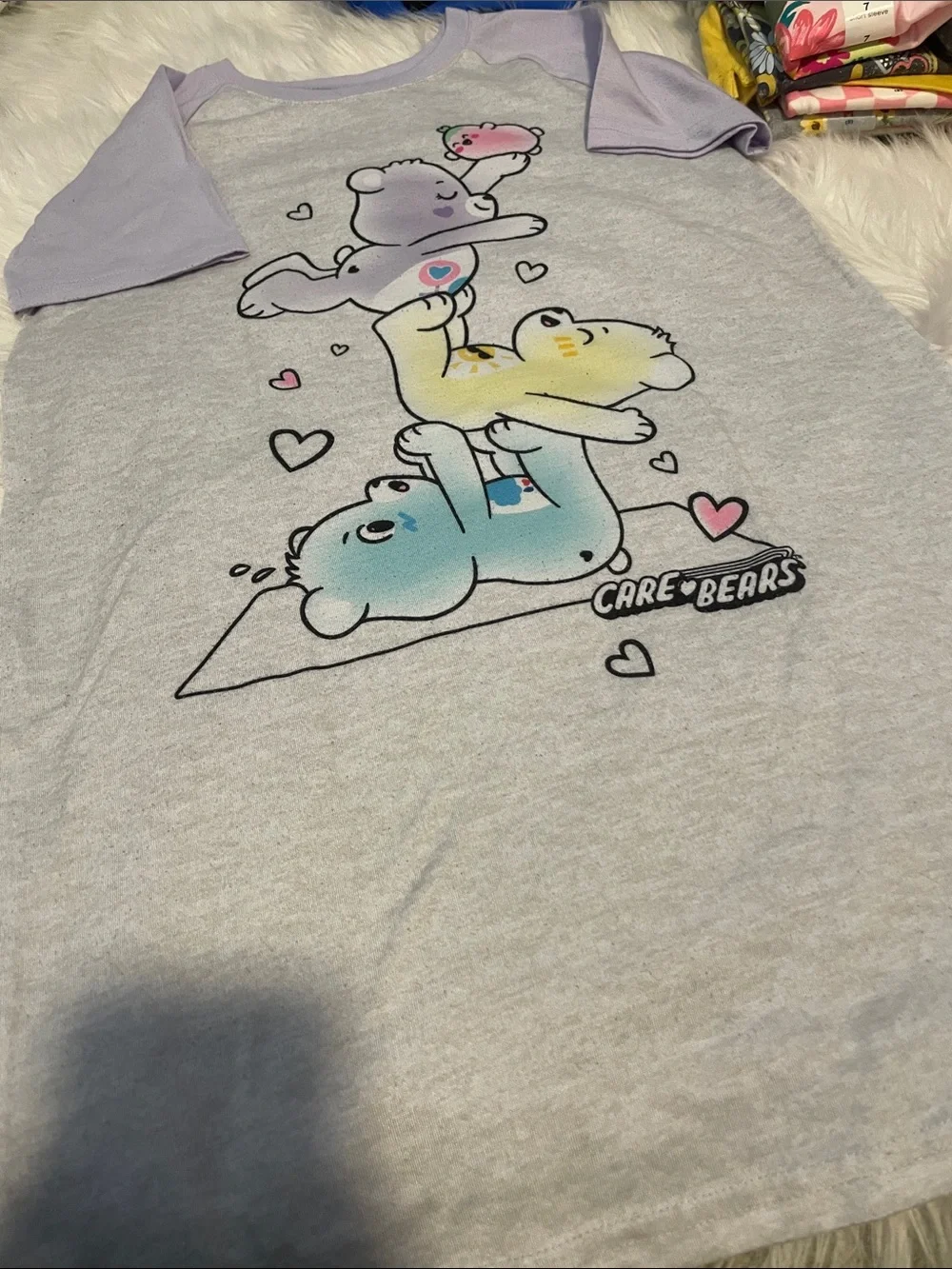 Care Bears Gray Nightshirt with Lavender Raglan Sleeves and Pastel Bear Stack